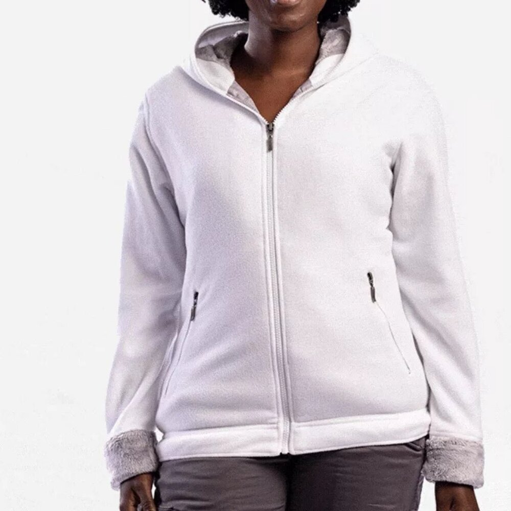 SCOTTeVEST Chloe Hoodie Women XL White Zip 14 Pocket Thumbhole Jacket Fleece TEC